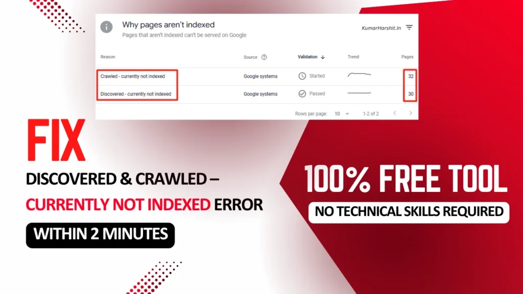 Fix ‘Discovered & Crawled – Currently Not Indexed’ Error With Free Tool in 2 Minutes (No Technical Skills Needed)