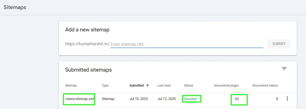news sitemap submission in GSC
