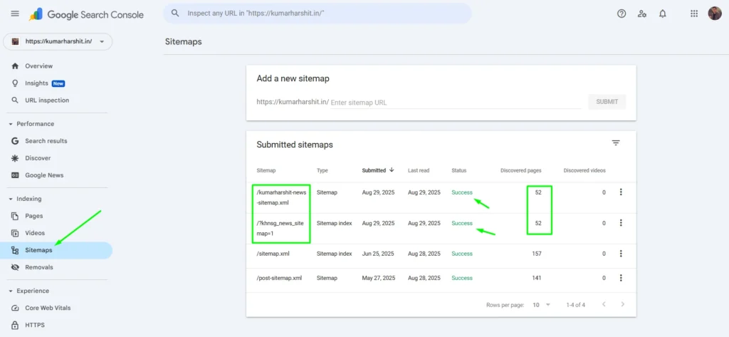 sitemap submission in GSC (showing success)