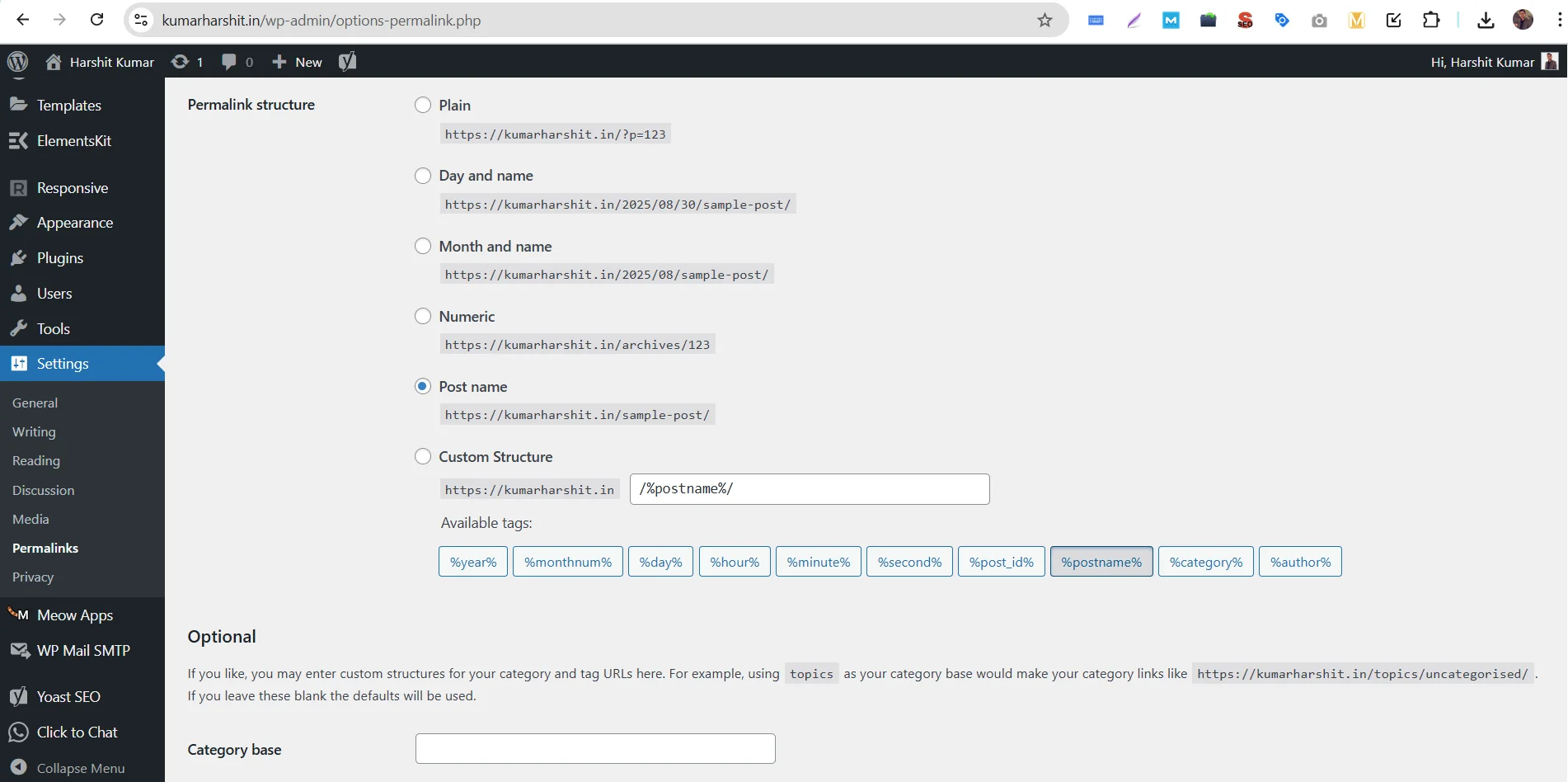 WordPress Permalink Settings Screenshot