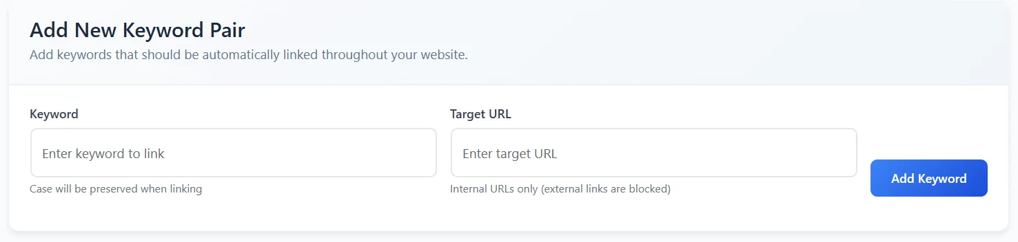 Add Keywords Form Interface