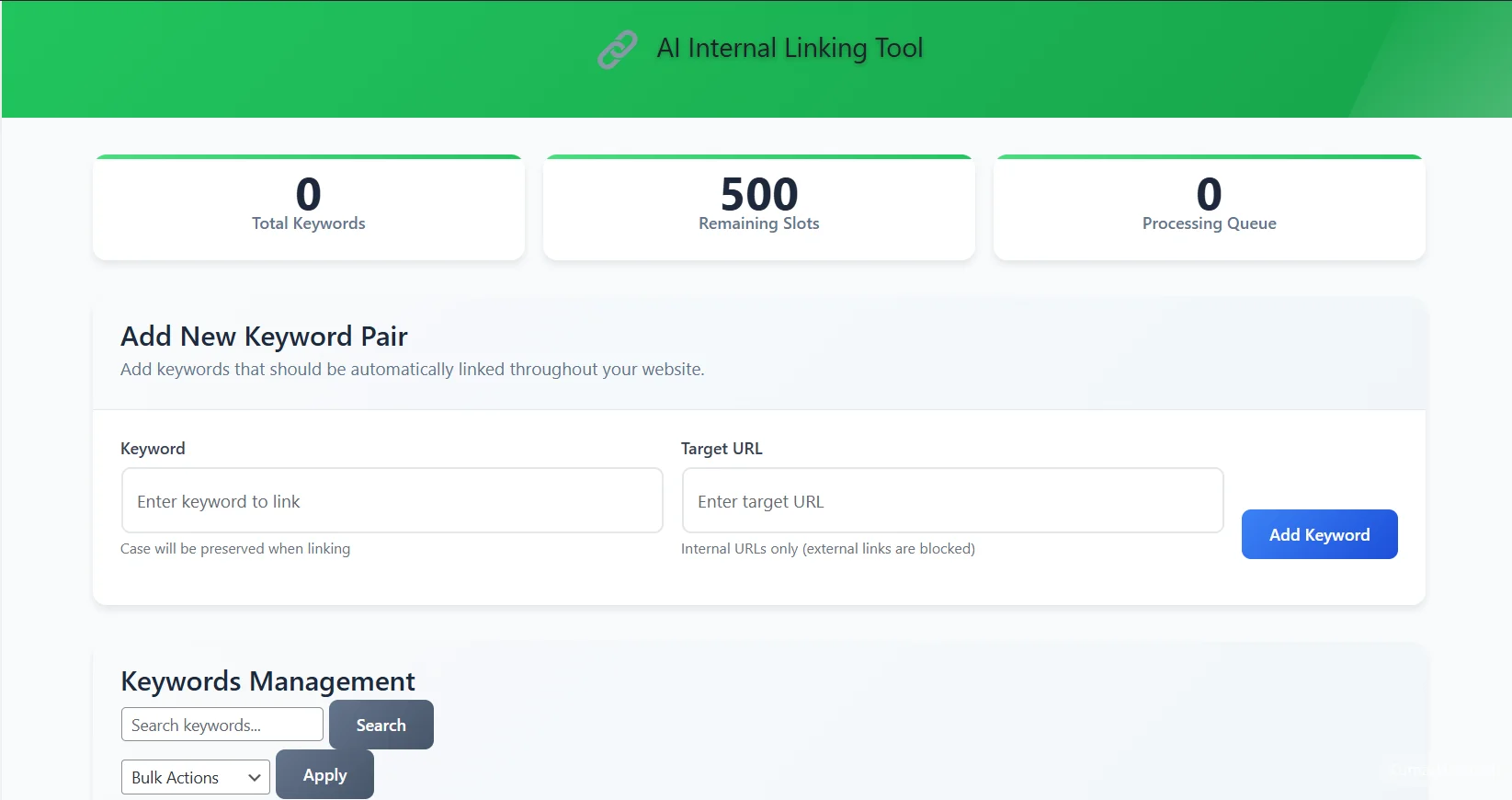 AI Internal Linking Tool Main Dashboard