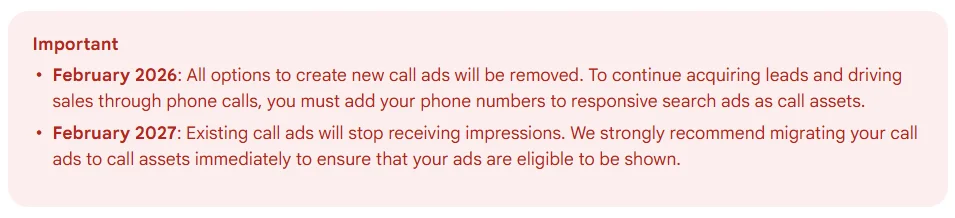 Google call ads update february 2026