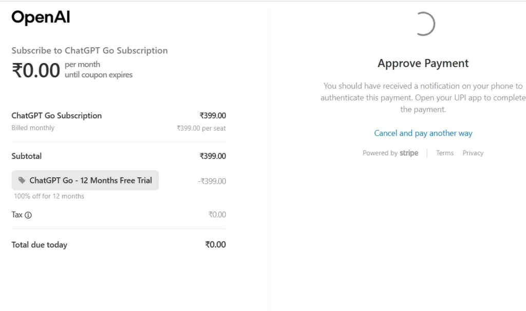 chatgpt go plan payment confirmation 