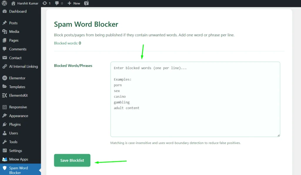 Spam Word Blocker main Dashboard