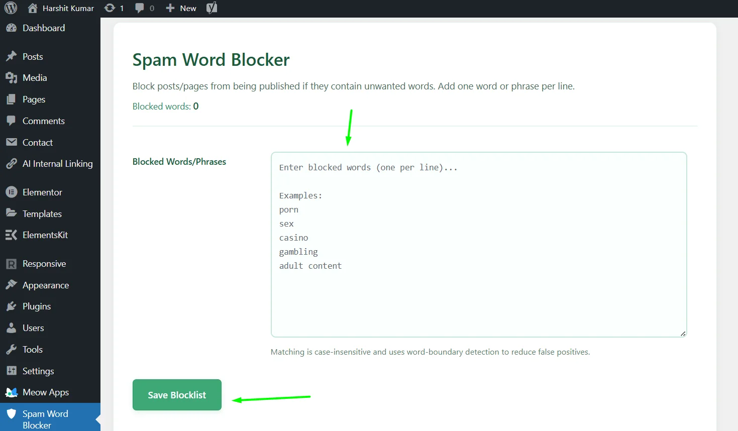 Spam Word Blocker Main Dashboard