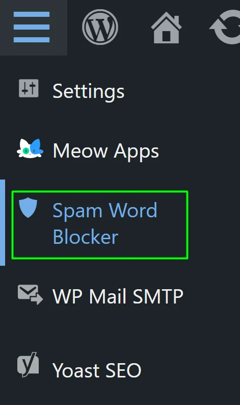 Spam Word Blocker Settings Menu with Shield Icon
