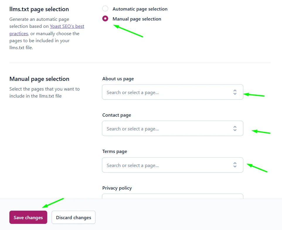 yoast llms manual page selection