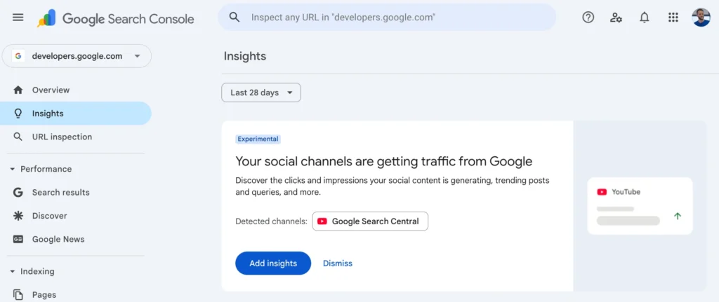 search console insights social channels