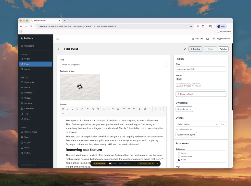 Cloudflare EmDash CMS Interface